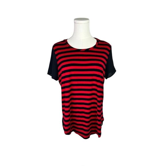 Vince CAMUTO top women’s size small red and black stripe semi sheer short sleeve - Picture 1 of 7